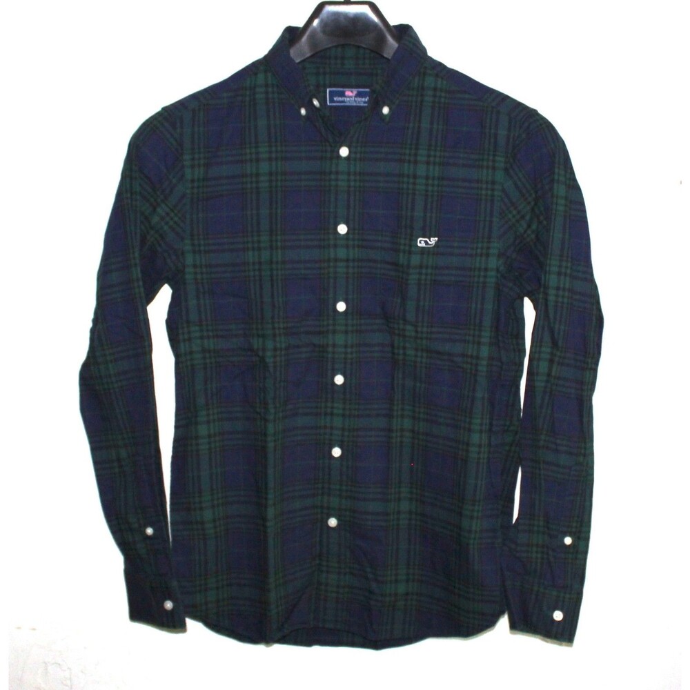 Vineyard Vines Men S long sleeve Flannel shirt blue green plaid whale